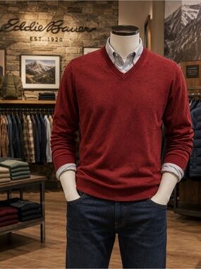 Eddie Bauer Cotton Cashmere V-Neck Sweater Large Burgundy Red Lightweight Knit